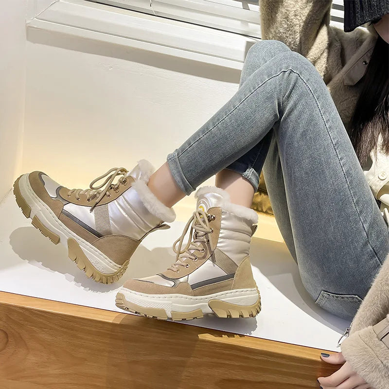 Autuspin Snow Boots Women Winter Fashion Flat Platform Genuine Mid-calf Boots
