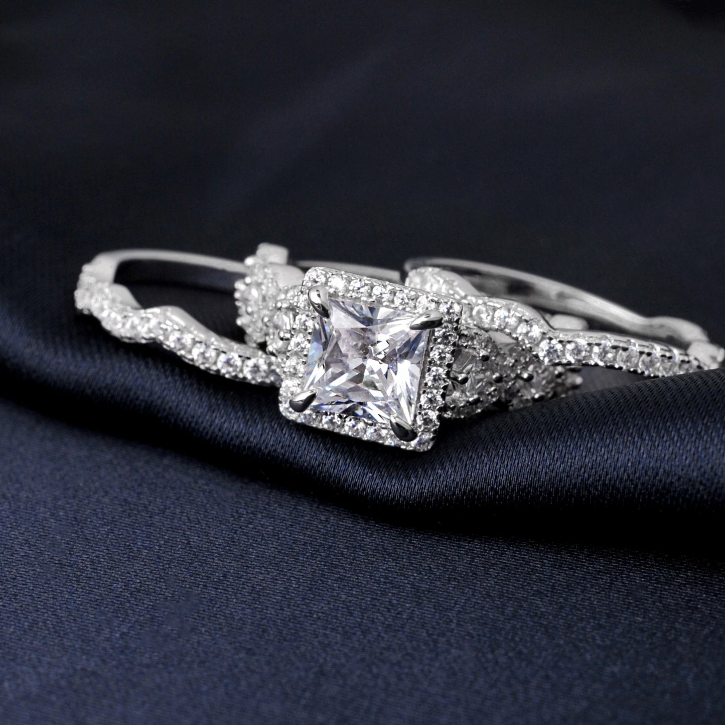 Potiy 3Pcs 925 Sterling Silver Halo Wedding Engagement Ring Set for Women 2.9ct Princess Cut AAAAAA CZ Fashion Jewelry