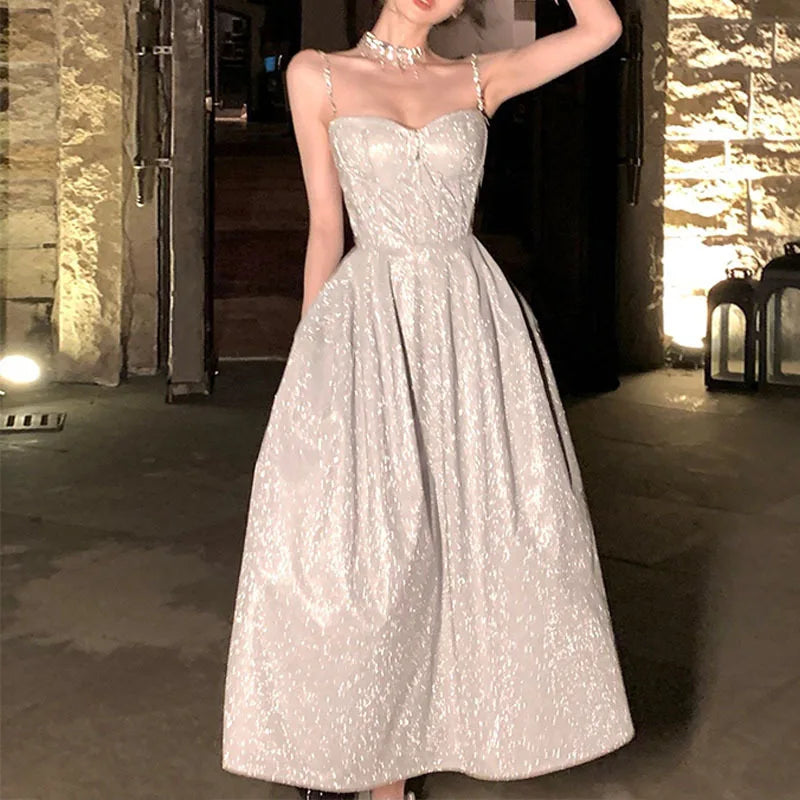 Homecoming Dresses: Silver Gray Suspender Evening Dress Women