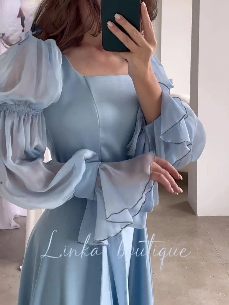 Formal attire Dresses: Elegant Satin Dresses Ladies Puff Sleeve Square Neck Long Skirt