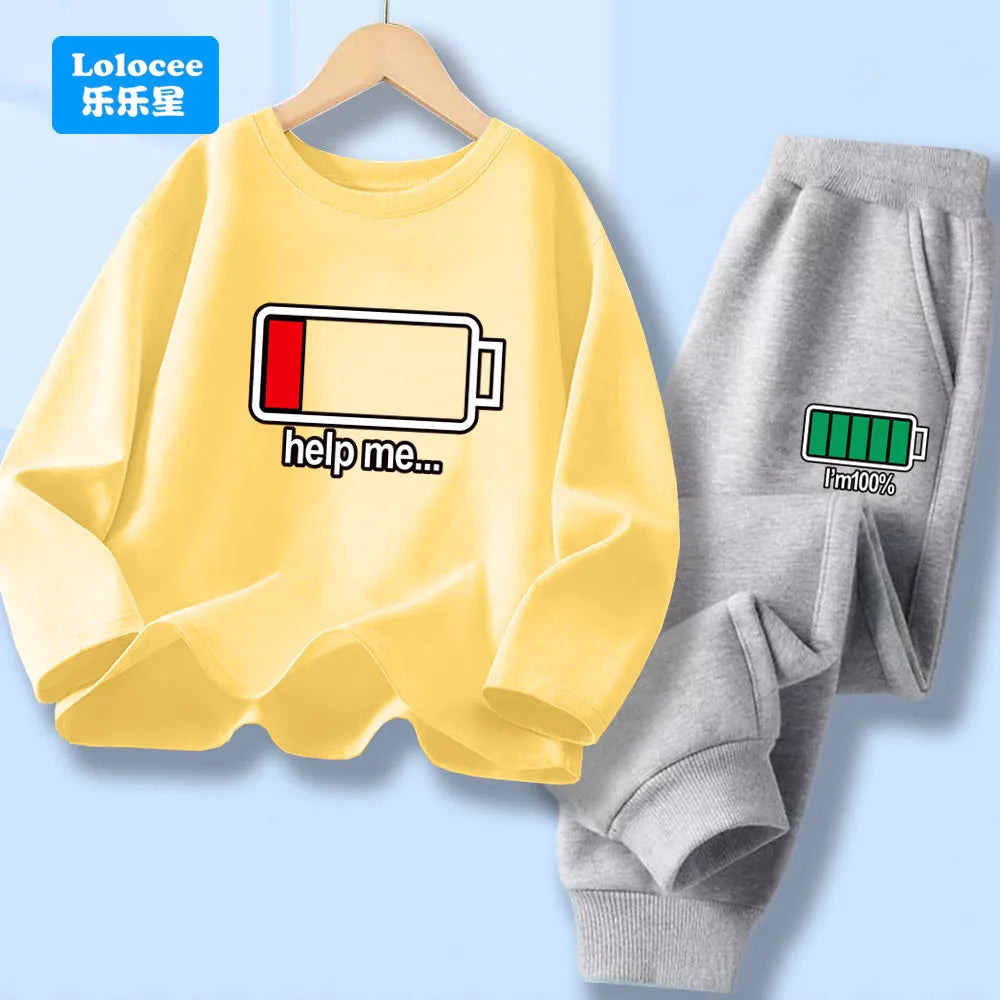 Autumn Kid Boy Long Sleeve 2pcs Clothes Set Children Funny Battery Letter Printed T-shirt Pullover Top And Pants Tracksuits DCW1
