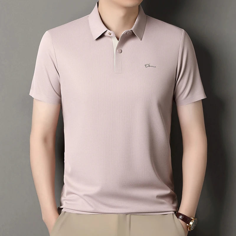 Summer seamless ice silk short sleeved T-shirt, polo shirt, flip collar, casual elastic top, breathable thin half sleeve