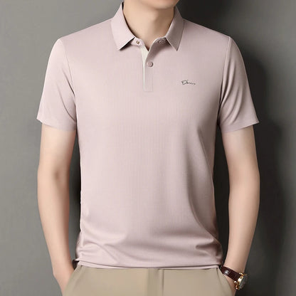 Summer seamless ice silk short sleeved T-shirt, polo shirt, flip collar, casual elastic top, breathable thin half sleeve