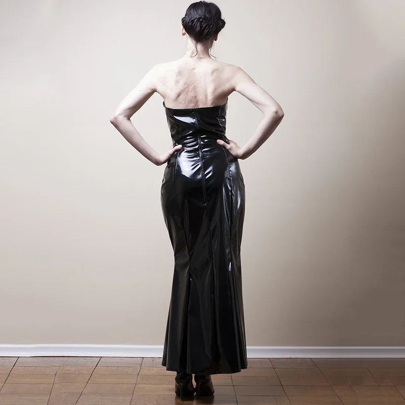 Evening Dresses: Strapless Black PVC Mermaid Dress Women Elegant