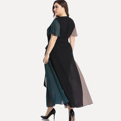 Plus Size V-neck Summer Elegant Chiffon Party Dress Women Short Sleeve Maxi Casual