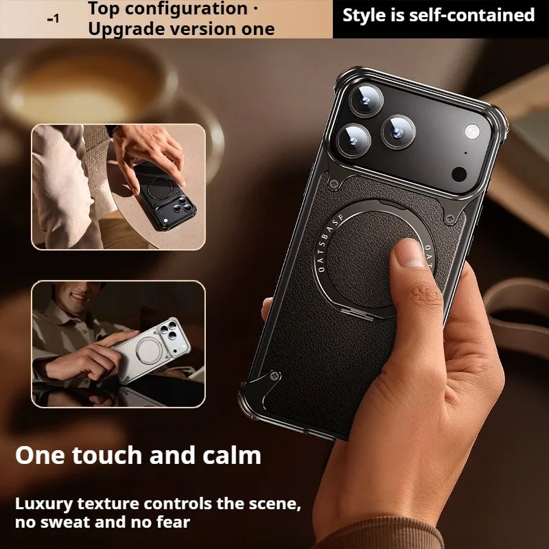 iPhone 17 Pro Max Air Phone Case Genuine Leather Magsafe Frameless Shell With 360°Rotate Magnetic Stand Anti-Drop Cover
