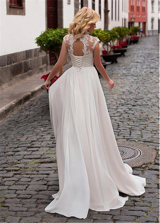 White Bridesmaid Dresses: Back Design Chiffon A-line Wedding Dress Lace Appliques