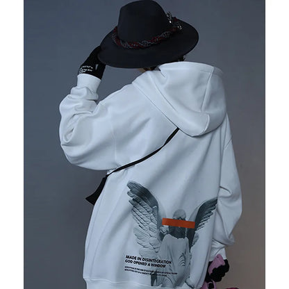 Mens 2023 Hip Hop Streetwear Harajuku Pullover Angel God Printed Hoodie Pocket Cotton Fleece Pullover Grey Hooded Sweatshirt