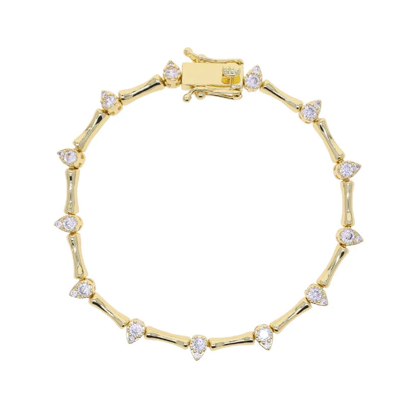 Gold Color CZ Tear Drop Charm Bamboo Bone Shaped Tennis Chain Fashion Women Bracelet