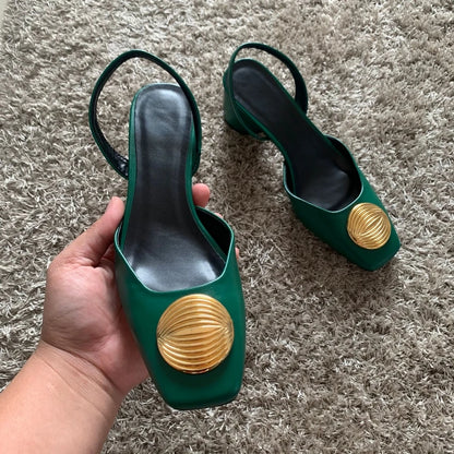 Green High Heels For Women 2024 Fashion Squared Toe Leather Slingbacks Pumps Elegant Lady Heeled Shoes Autumn Luxury Heels