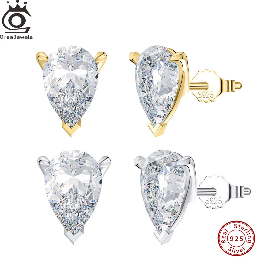 ORSA JEWELS 925 Sterling Silver Stud Earrings with Water Drop Cut Zirconia Stone, Elegant and Timeless Jewelry for Women LZE02