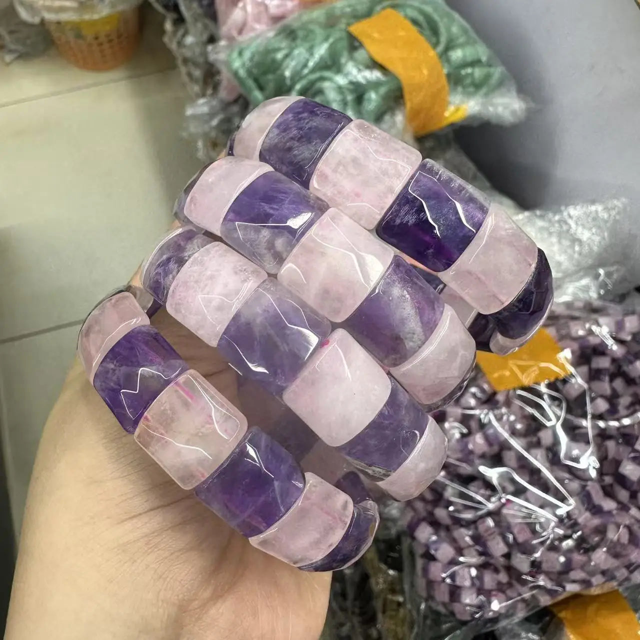 Natural 12x15mm Faceted Stone Unique Crystal Citrine Agate Amethyst Pyrite Fashion Elastic Handcrafted Bracelets Energy Bangles