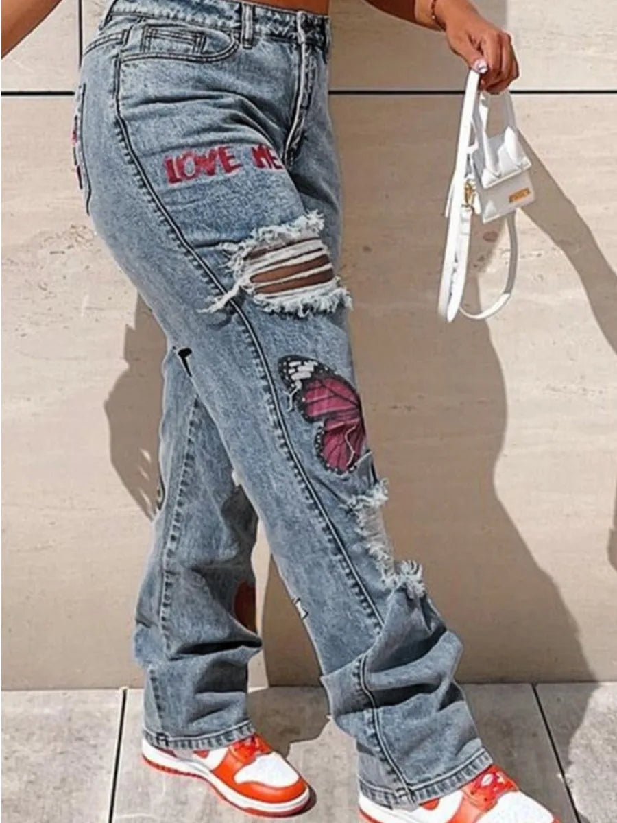 LW Plus Size High-Waist Print Stretchy Jeans Straight Zipper Fly Stretchy Daily  Streetwears