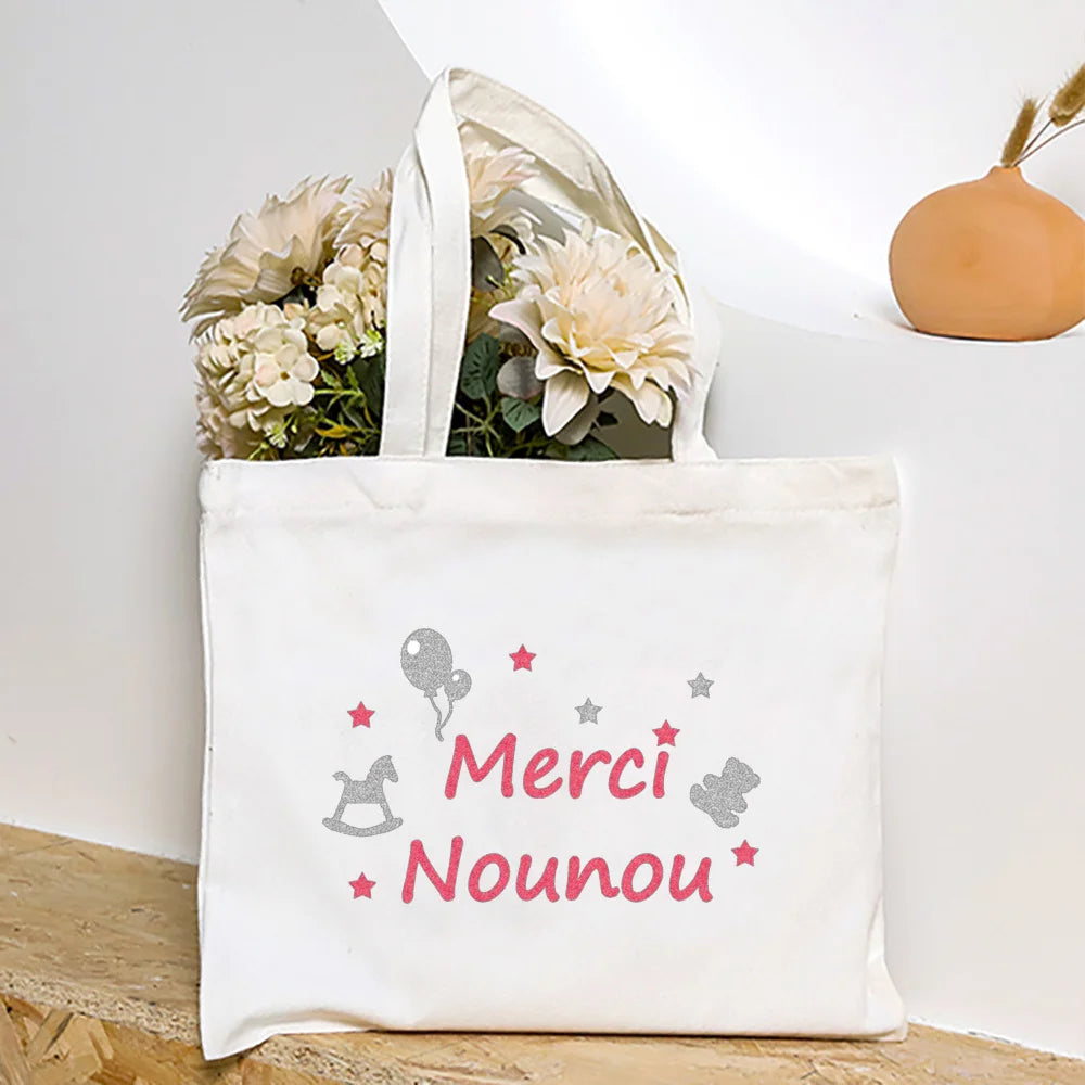 Merci Nounou French Printed Women Shoulder Bag Canvas Tote Bag Female