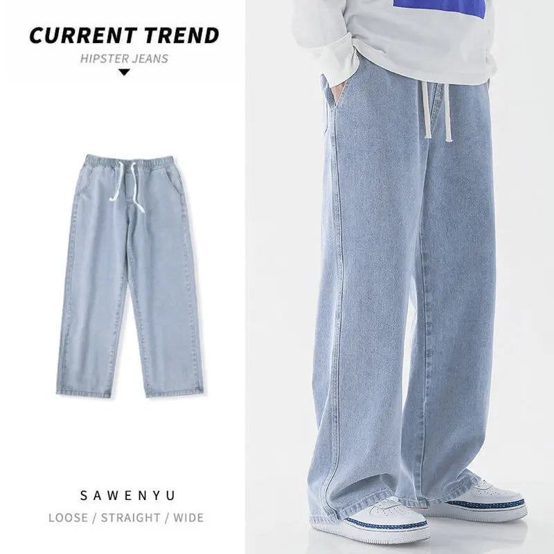 Korean Casual Baggy Jeans Pants Lace Up Elastic Waist Wide Leg Pants Preppy