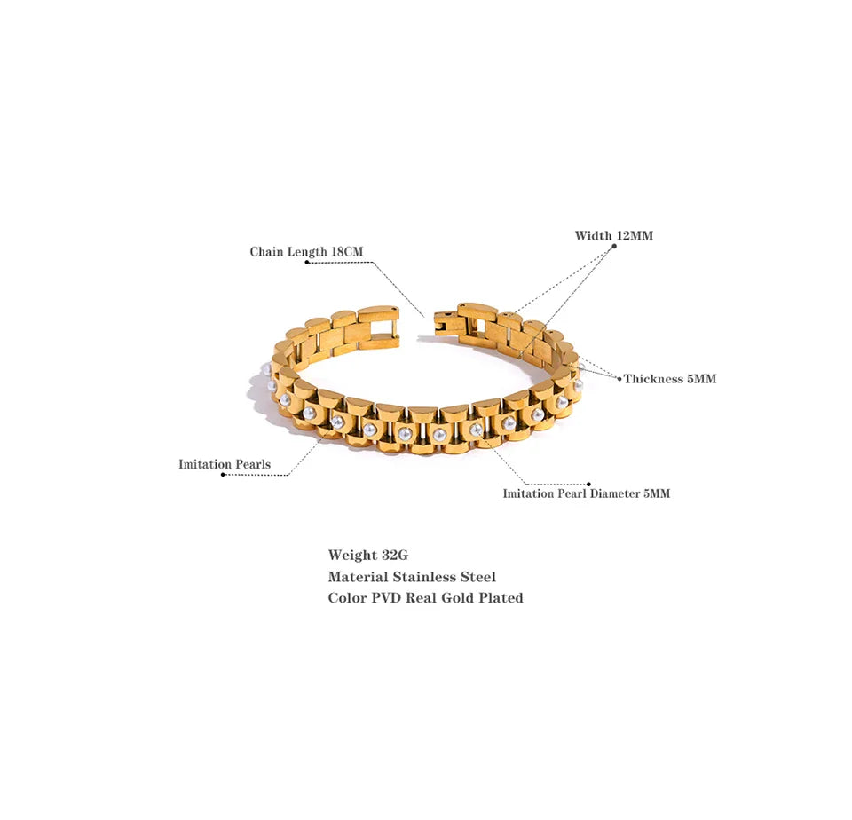 Yhpup 18cm Stainless Steel Imitation Pearls PVD Gold Plated Thick Cuban Chain Charm Bangle Bracelet Fashion Jewelry Wome