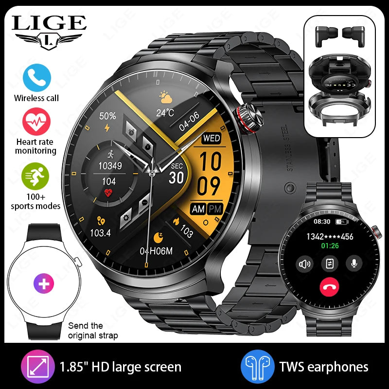 LIGE 2025 New TWS 2-In-1 Headset Smart Watch 1.85" Bluetooth Call Men Earphone Smartwatch Heart Rate Health Monitor Music Watch