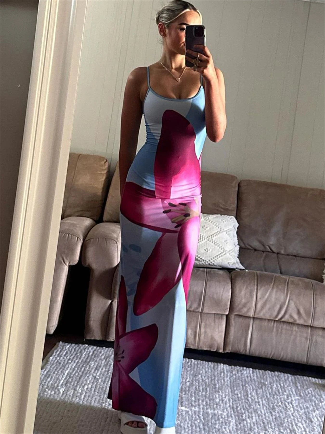 Tossy Spaghetti Strap Lily Floral Slip Dress Summer Casual Printed Maxi Dresses Backless