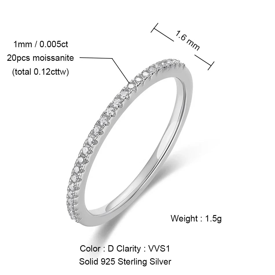 ALLNOEL 2mm Full Moissanite Ring for Women D Color VVS1 Female Single Tail Ring 925 Silver Ring Wedding Eternity Band With GRA