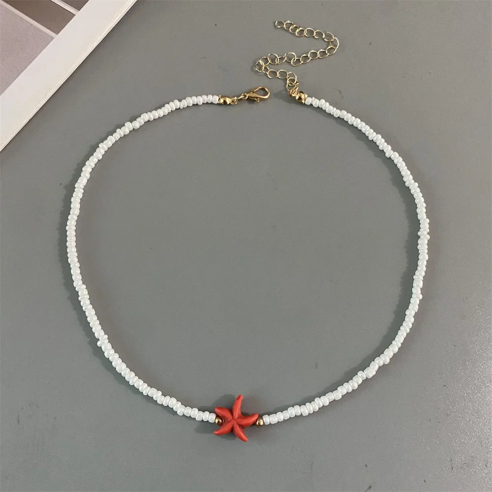 Shell Starfish Woman Short Necklace Summer Holiday Gift Handmade Choker  Seed Beads Neck Jewelry White