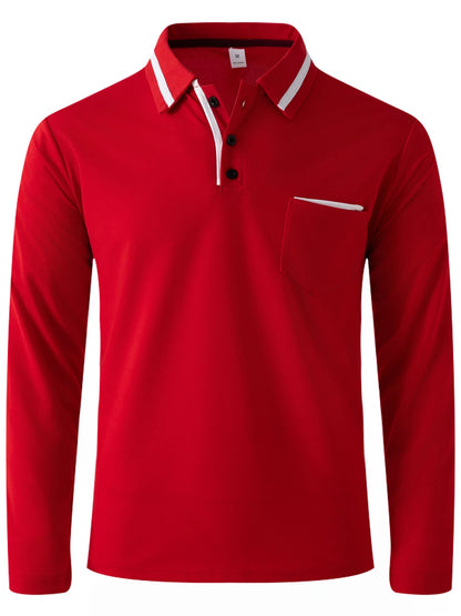 Spring and fall best-selling fashion golf men's lapel pocket comfortable casual sports solid color long sleeve breathable top