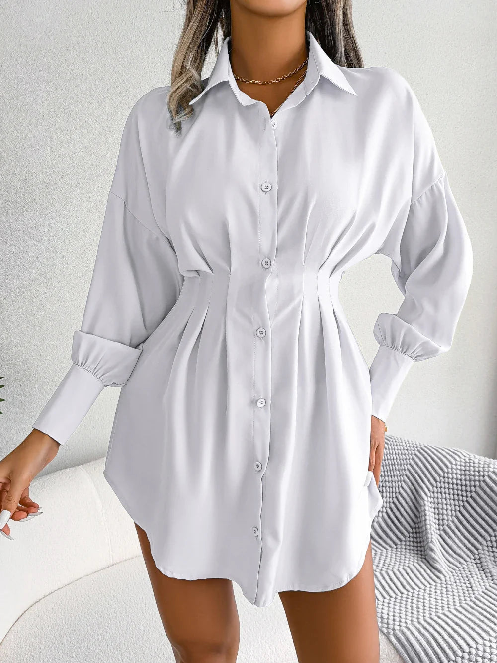 Women Casual Buttons Long Sleeve Shirt Dress Autumn 2026 Solid Color Lapel Mini Dress White Blue Army Green Woman Clothing