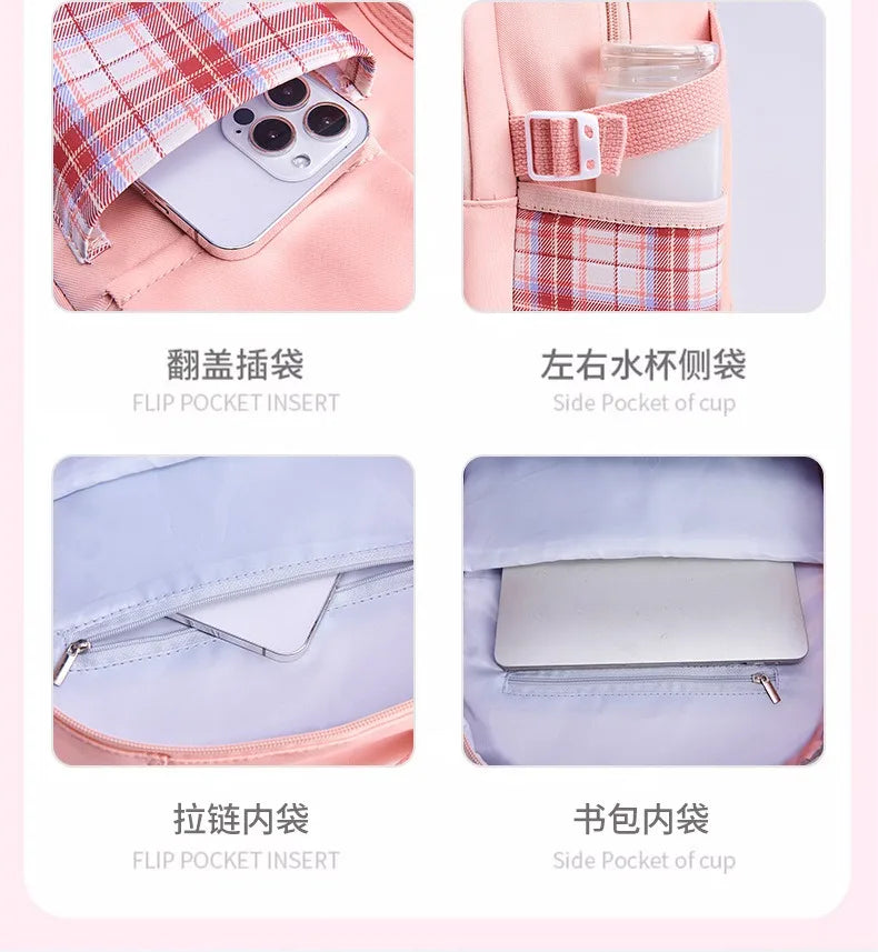 Protecting The Spine Ergonomics Elementary School Students Girls Checkered Backpack Large Capacity Lightweight Waterproof