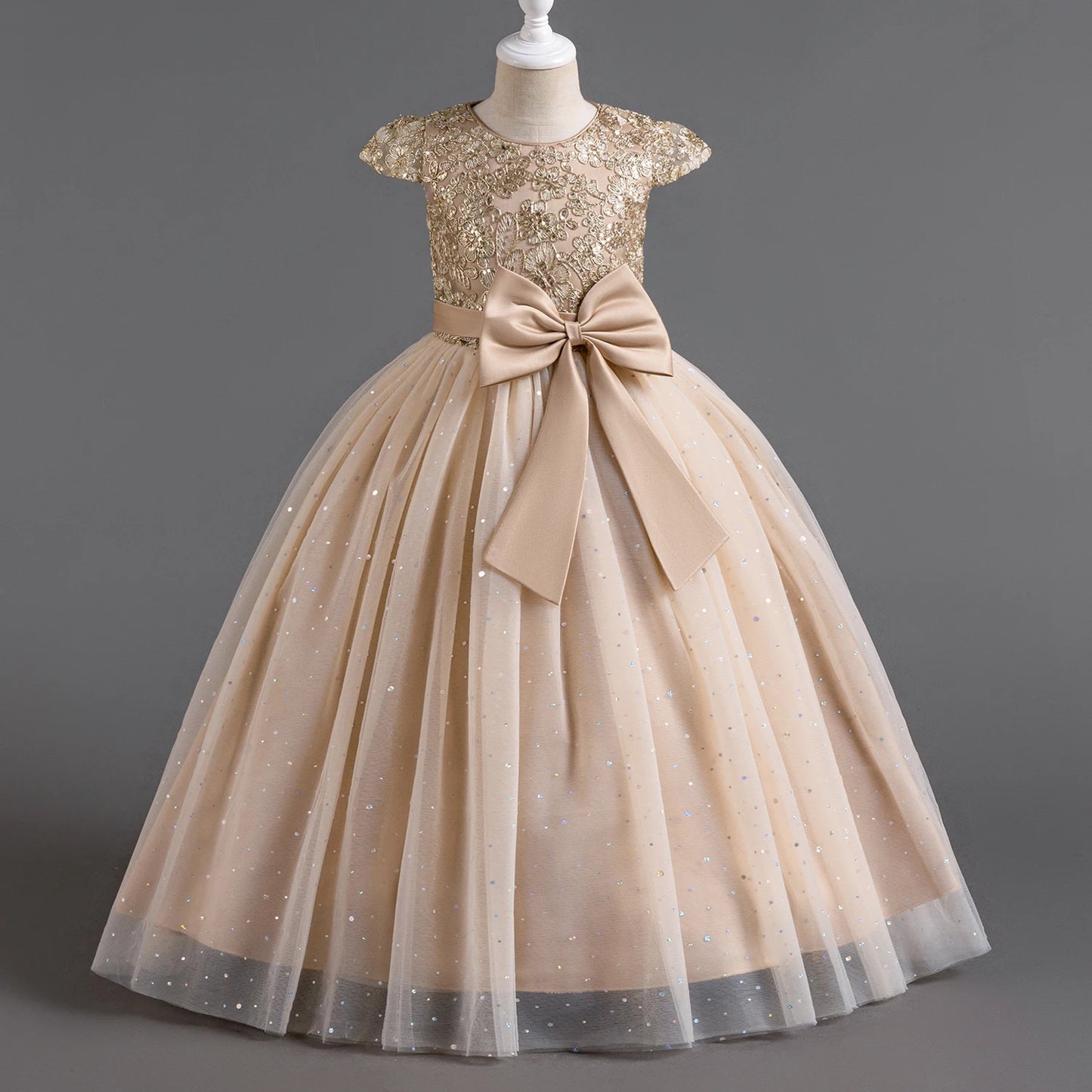Embroidery Elegant Kids Dresses for Girls Wedding Children Bow Bridesmaid Prom Long Gown Princess Birthday Party Vestidos 3-10 Y