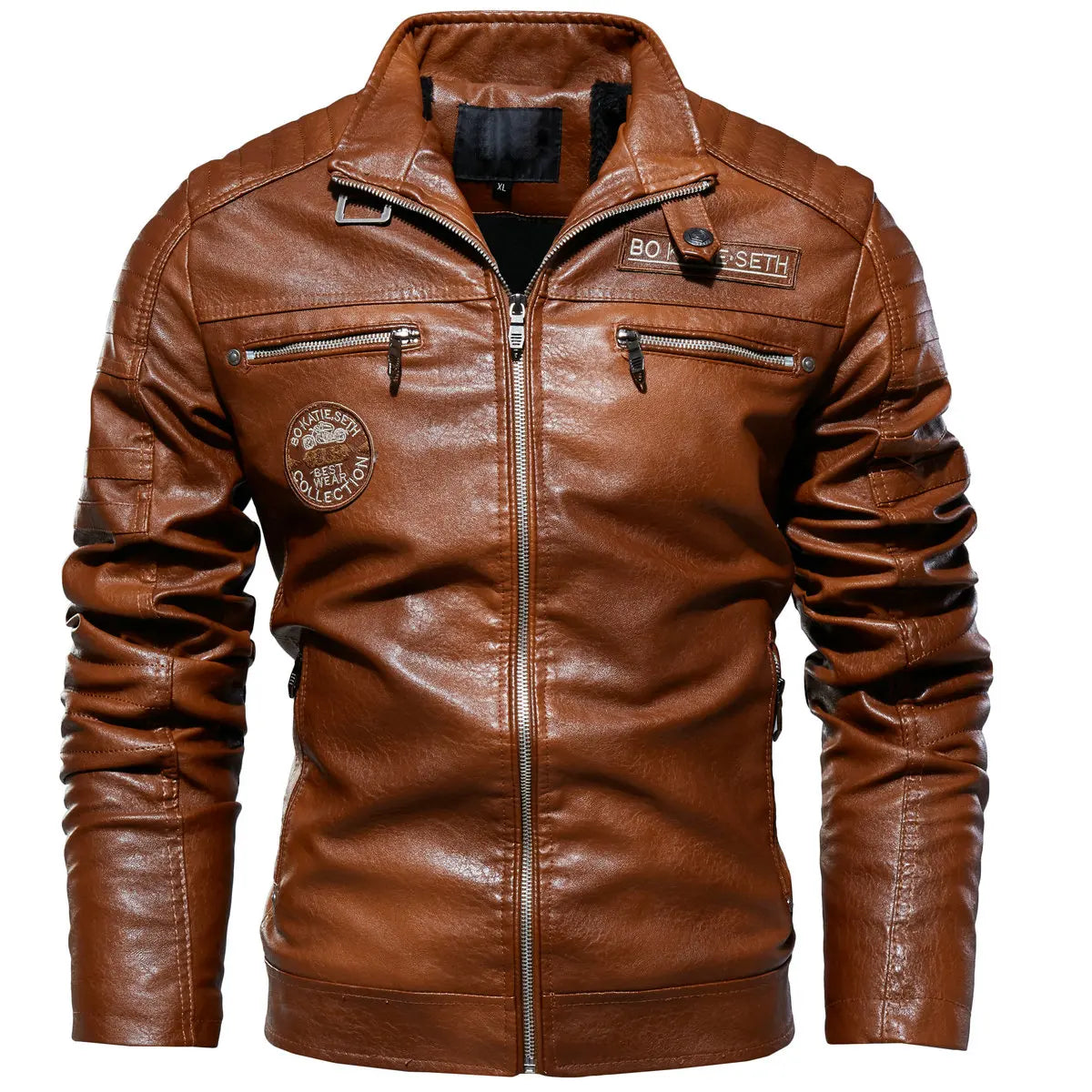 Leather Jacket Men Winter Fleece Motorcycle PU Leather Jacket Mens Stand Collar