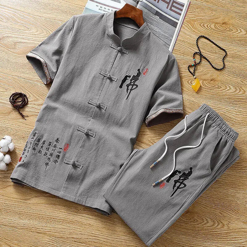 Summer Chinese style Shirts + Pants Dragon Embroried 100% Cotton linen Sportswear Men's Casual Sets Male Fashion Chinese style