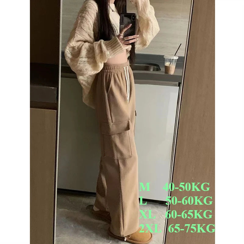 Plus Velvet Cargo Pants Women Men High Waist Drawstring Baggy Trousers Harajuku Big Pocket Oversized Pants Wide Leg Sweatpants