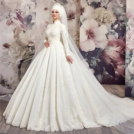 Wedding Dresses High Neck Long Sleeve Tulle Lace Applique Beading