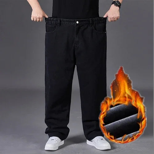 Plus Size Jeans for Men Winter Warm Wide Leg Jeans 30-48 Loose Long Pants Baggy Jeans