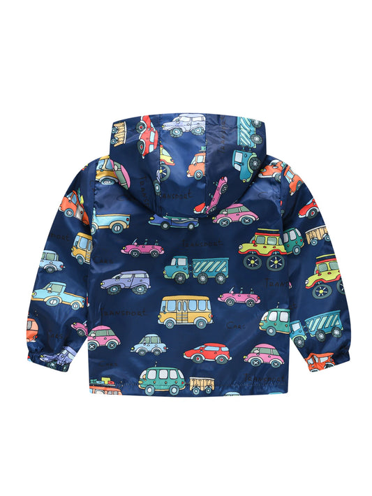 Boys Cartoon Dinosaur Print Zipper Hooded Jacket, Cardigan Collar Zipper Jacket