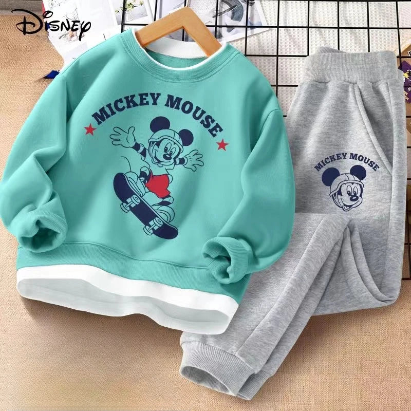 Autumn Baby Girls Boy Clothes Set Children Disney Mickey Printed Sweatshirts Pullover Top And Pants Suit Kid Faux Tracksuits