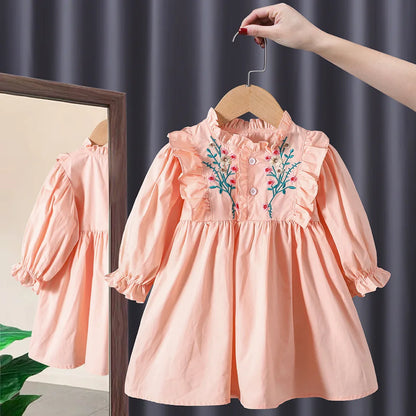 Korean Spring Autumn Kids Girls Dress Cotton Long Sleeve Flower Embroidery Baby