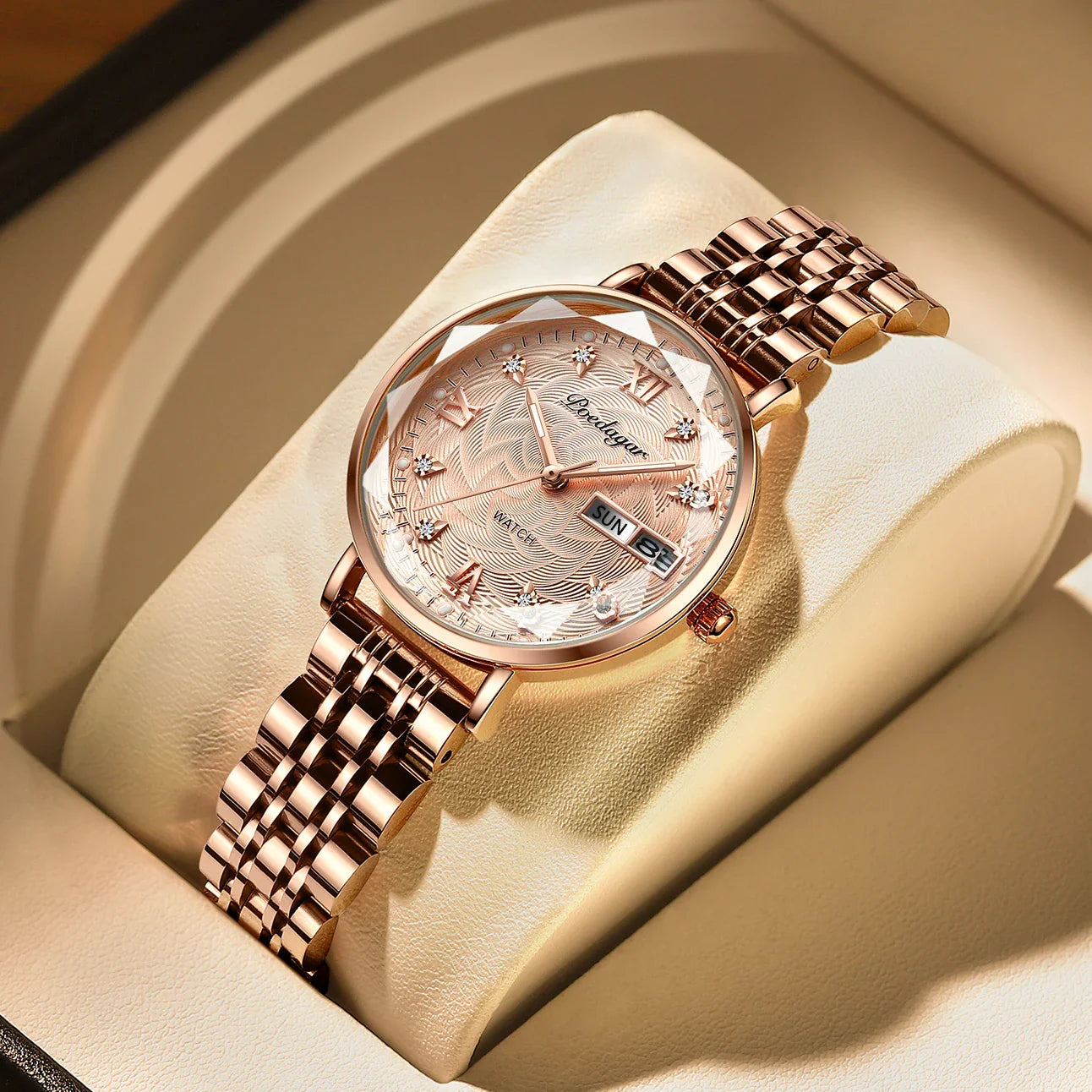 POEDAGAR Elegant Luxury Women Watch Waterproof Luminous Date Week Ladies Watches Fashion Stainless Steel Quartz Woman Wristwatch