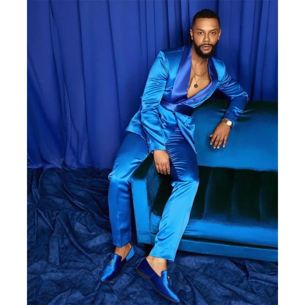 Tuxedo for Mens: Italian Suits for Men Satin Slim Fit Royal Blue Shiny Groom Prom