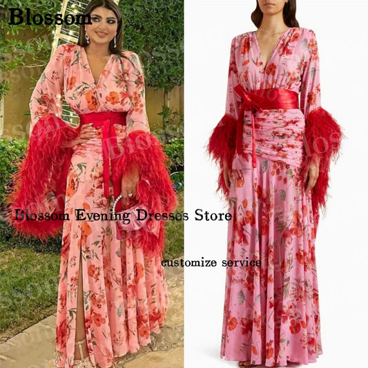 Homecoming Dresses: Flower Printing Prom Dresses Feathers Long Sleeves Party Gown