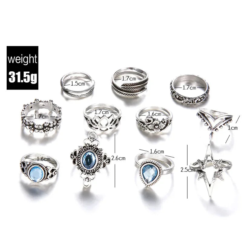 Geometry Retro Rings for Women Boho Inlaid Zircon Carved Starry 11/Pcs Rings