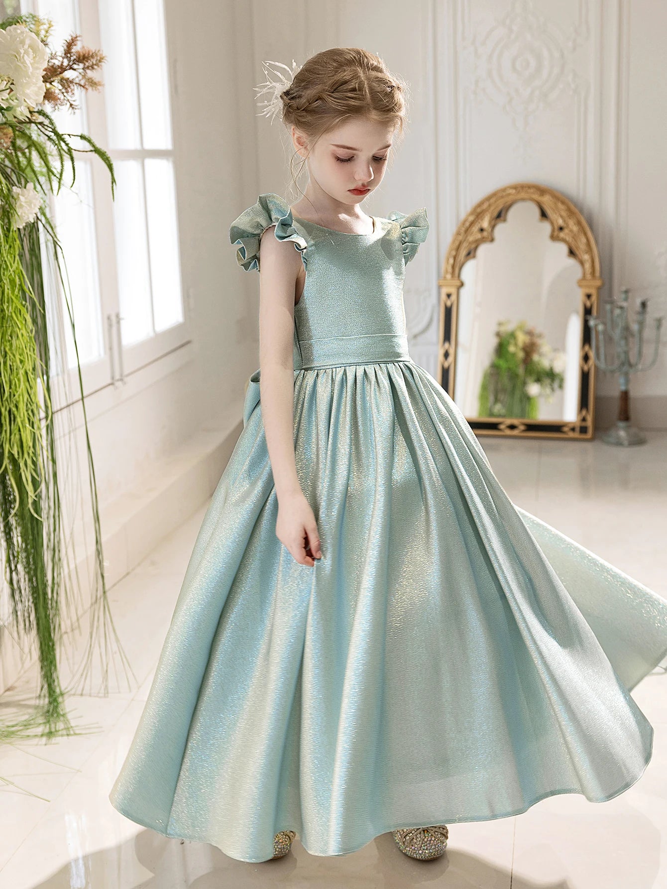 Children's High-end Blue Dress Back Big Bow Long Dress Weddings Birthday Party Gown