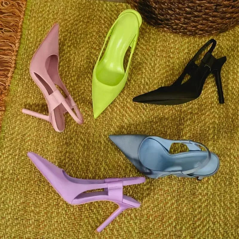 2024 Spring New Brand Women Slingback Sandals Pointed Toe Slip on Thin High Heel Ladies Elegant Pumps Shoes Drss Sandals