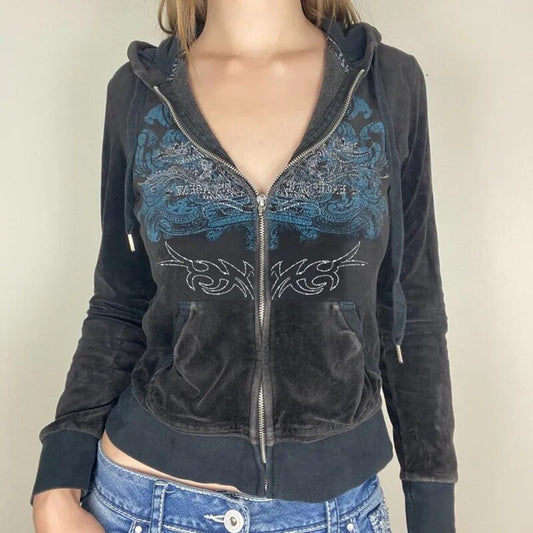 Aesthetic Vintage Slim Sweatshirts Embroidery Graphic Pattern Zip Up Hoodies Coats