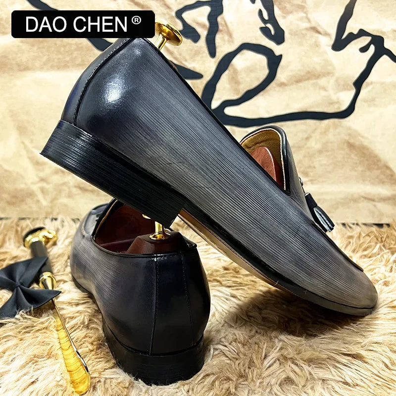 ELEGANT MEN CASUAL SHOES BLACK GRAY SLIP ON TASSELS LOAFERS LEATHER MENS DRESS SHOES WEDDING OFFICE FORMAL SHOES FOR MEN