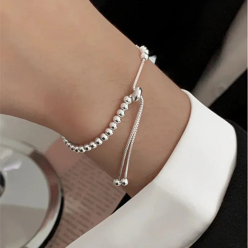 100% Solid 925 Sterling Silver Metal Bracelets for Women Men Beads Adjustable Handmade Simple Bracelet Birthday Christmas Gifts