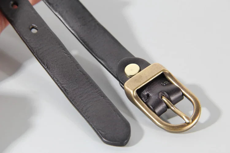 Retro Narrow Cowhide Women's Belt Pure Copper Button Top Cowhide All-match Casual Jeans Belt High Quality Luxury Women Belt