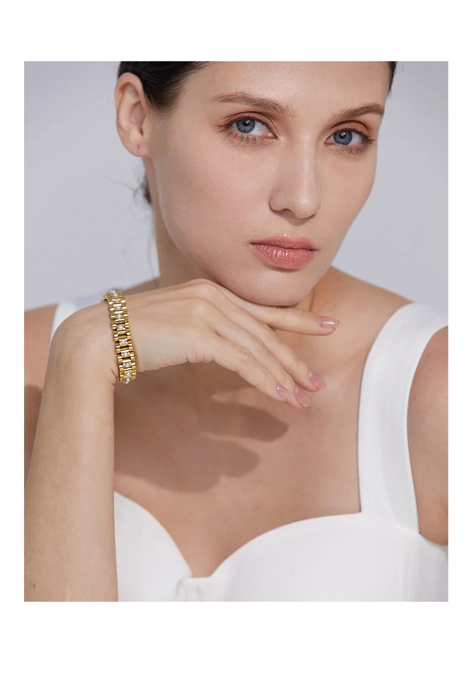 Yhpup 18cm Stainless Steel Imitation Pearls PVD Gold Plated Thick Cuban Chain Charm Bangle Bracelet Fashion Jewelry Wome