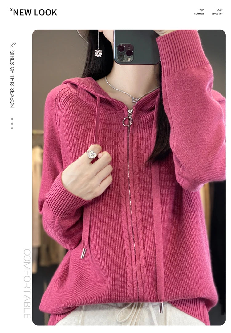 autumn and winter hooded cardigan women's knitted top loose sweater casual