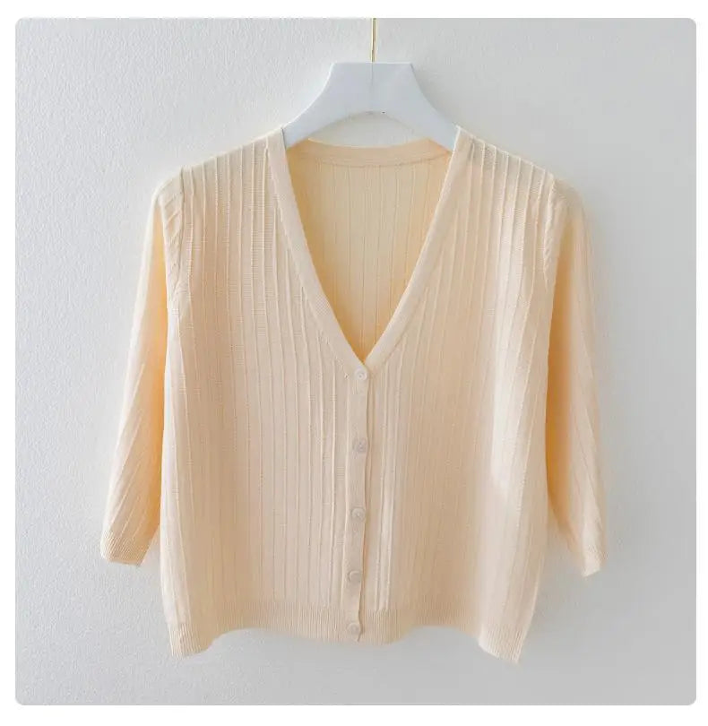 Fashion Women Solid Knitted Sweaters Coats Spring Summer Half Sleeve V-neck