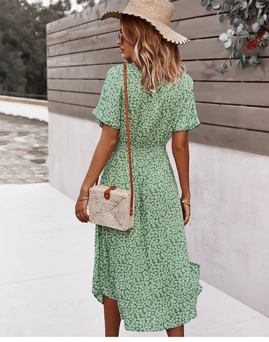 Summer Women Floral Print Dress Casual Short Sleeve Button Holiday Midi Dresses
